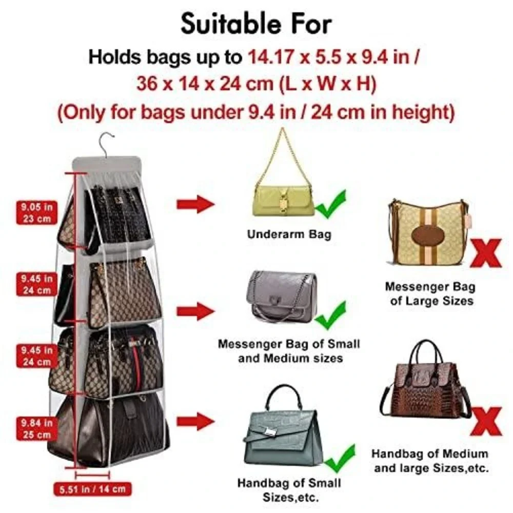 Hanging Purse Organizer for Closet 8 Pocket Dust-Proof‎ Handbag Storage Black